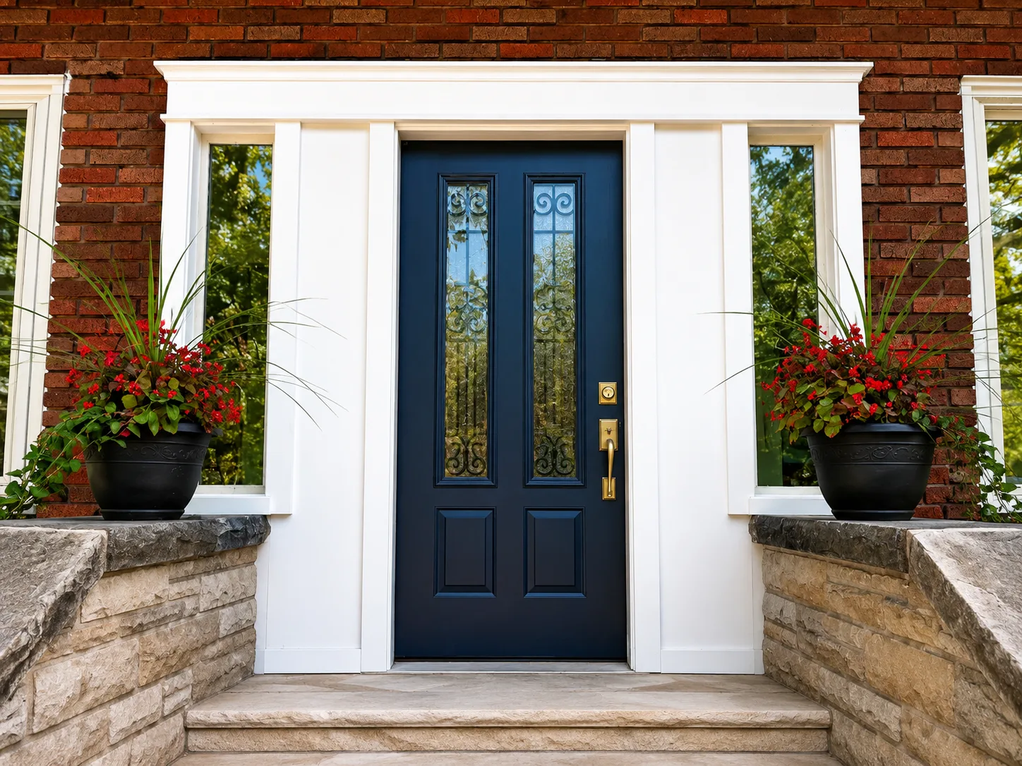 Navy front door with iron-scroll glass, white trim, brick surround, and stone steps