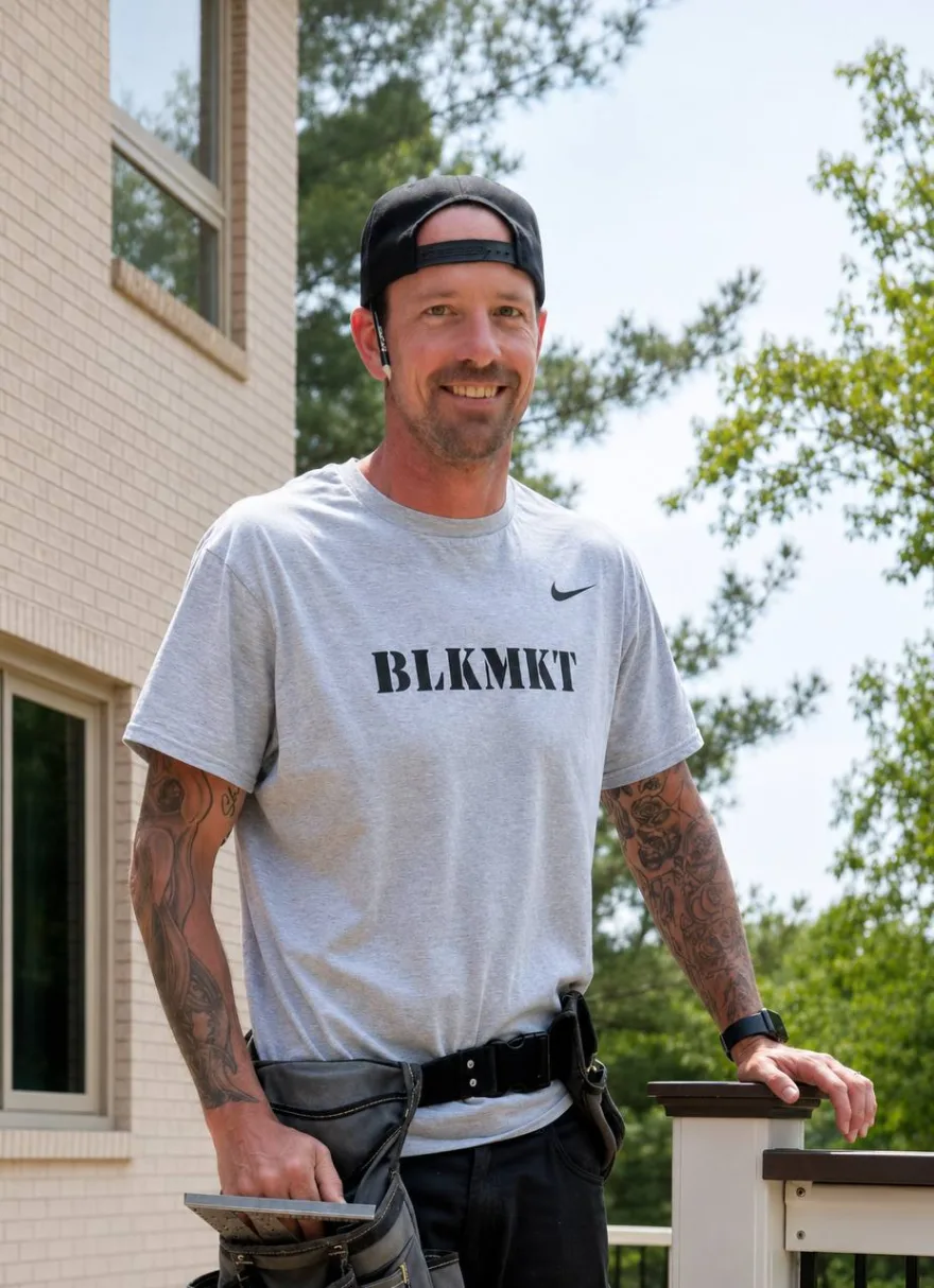 Lucas Spieler, owner of Black Market Interiors, in a branded tee and tool belt on a finished deck